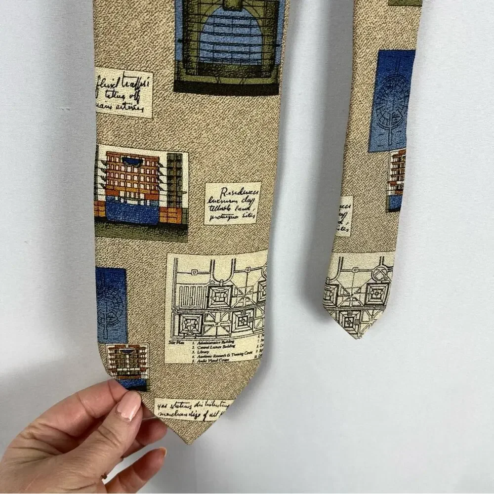 Architectural Print Silk Neck Tie City Planner Architect Tan Blue Structure
